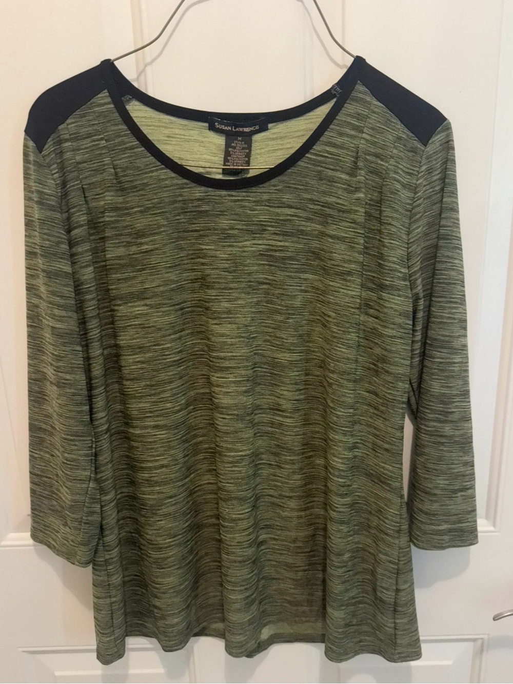 Susan Lawrence Olive Space-Dye Long Sleeve Top with Black Shoulder Panels